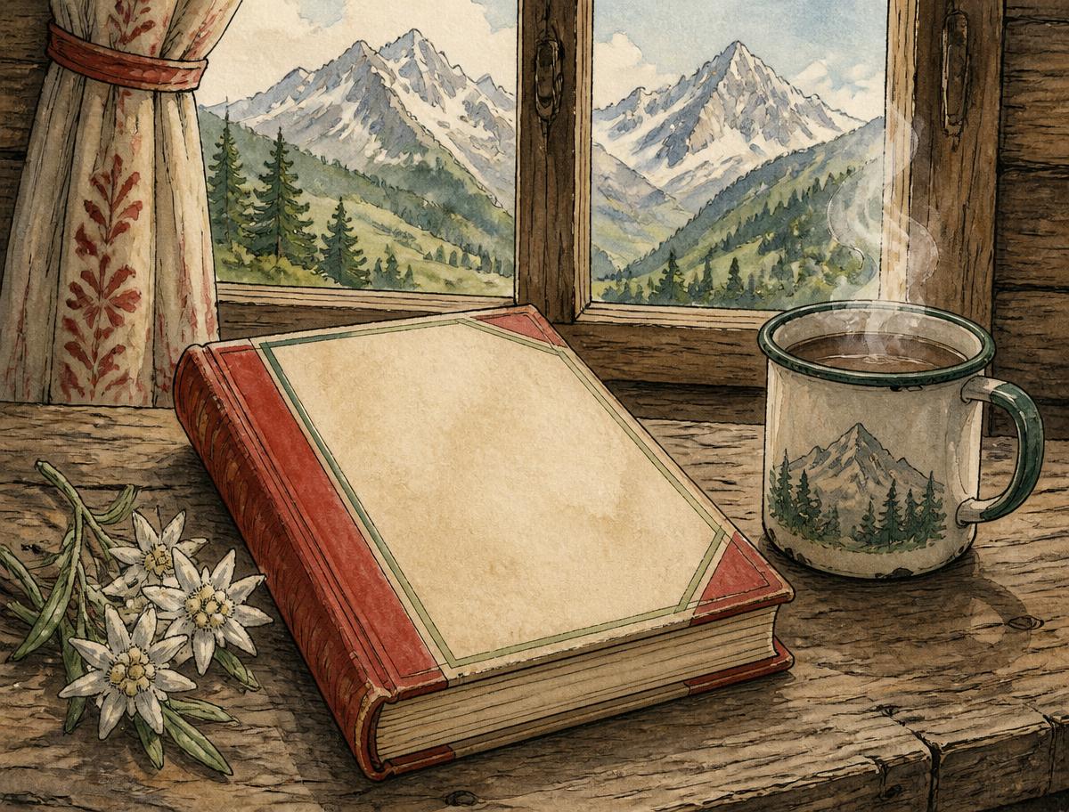 Gezeichnetes Buch auf einem Holztisch vor einem Alpenfenster mit Edelweiss