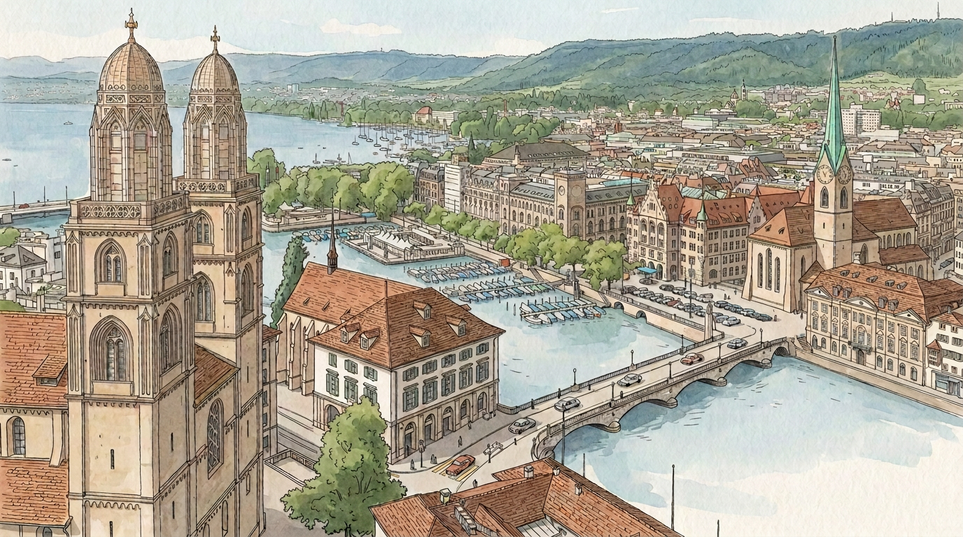 Gezeichnete Ansicht von Zürich mit Grossmünster, Limmat und Alpen