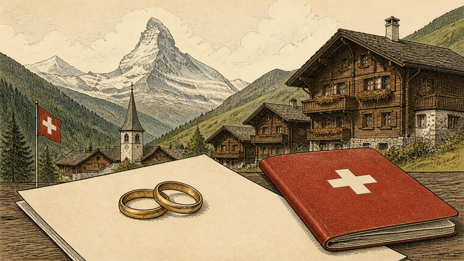 Gezeichnetes Schweizer Bergdorf mit Chalets, Eheringen und rotem Pass im Vordergrund